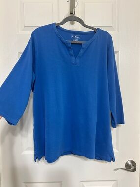 L.L. Bean Blue Cotton Notched V Neck Tunic Natural Fiber Soft Cozy XL Regular